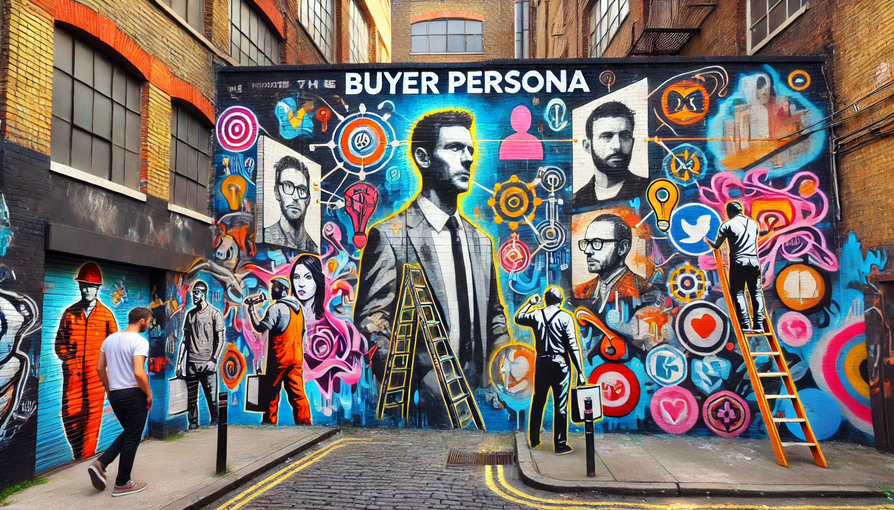 Customer Journey Mapping - tworzenie buyer persona. Opraz ukazuje grafiti na którym robotnicy tworzą postać buyer persony.